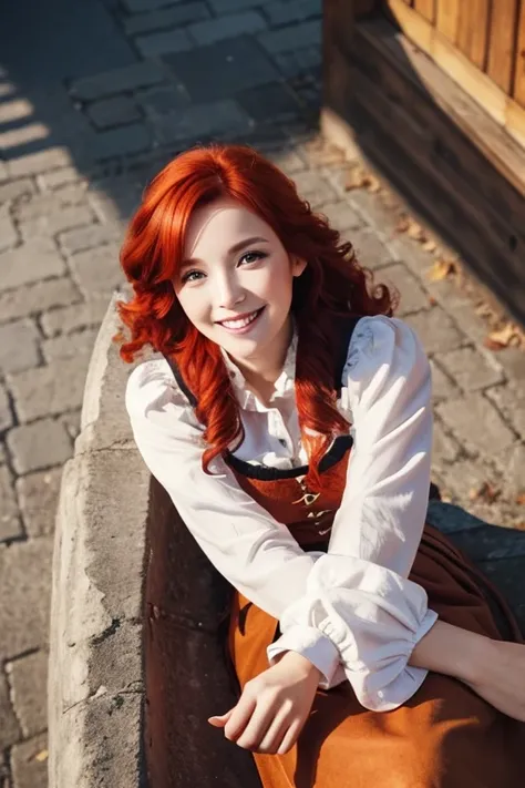 Best Quality, Beautiful woman, medium Hair,(red hair:1.2), Curly Hair, Lower ponytail, Dirndl skirt , Chuckle-Smile , sunlight, street, long sleeve , Indirect Lighting ,trench-Coat, Early Morning Light, Cowboy Shot, Sitting,Cafe, from_above, lying down,aut...