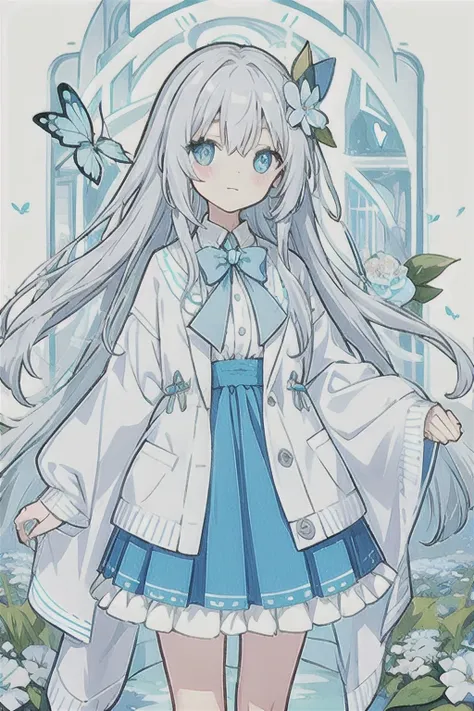 ・watercolor・white hair、very long hair, light blue left eye、grey right eye, flower-shaped pupil, loose-fitting blouse, light blue...