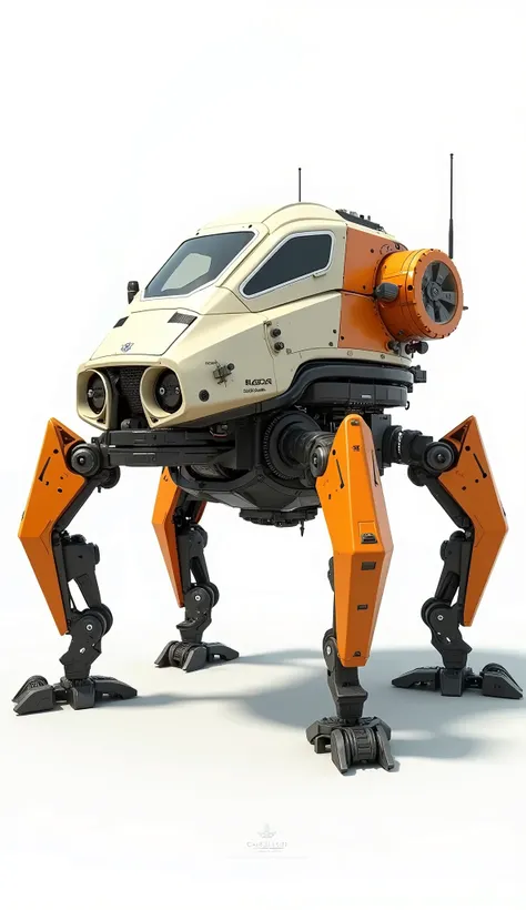 Private Multi-Leg Artillery、Quad Gyro、 concept,Off-white and orange body color 、Can accommodate 10 passengers、Large, Conceptual Art, Digital Art,White background