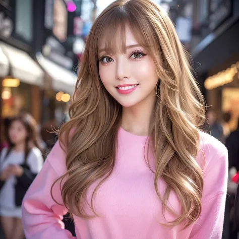 (Tabletop、Best Quality、8k、Award-winning works、Ultra-high resolution)、One beautiful woman、(The perfect and most natural long sleeve pink casual sweatshirt:1.1)、(blonde:1.1)、Bright color contacts、Perfect Makeup、Bright and shiny lipstick、(Very heavy makeup:1....