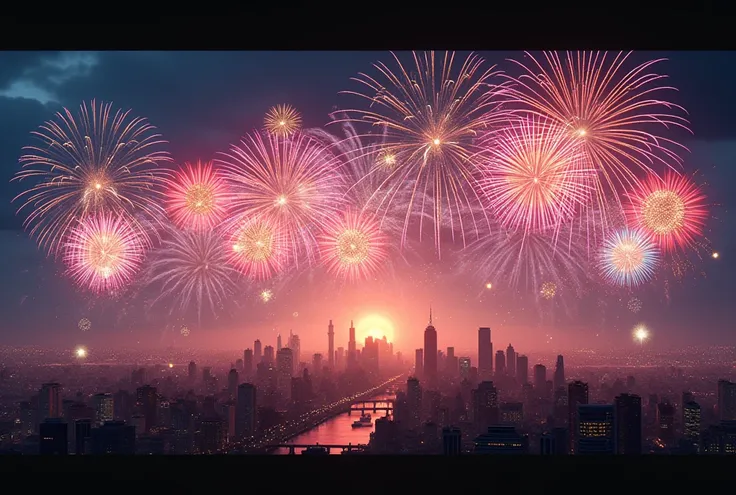 A fireworks display over a night cityscape