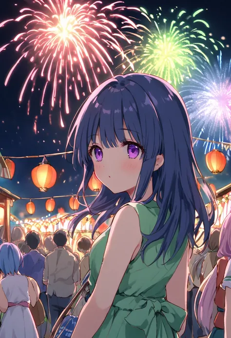 Japanese summer festivals and fireworks, Furude Rika, woman, Alone, Blue Hair, Purple eyes, green dress, Primary school students, A festival venue lit with lanterns, People wearing yukata々looks up, In the pitch black night sky々Colorful fireworks rising, Re...