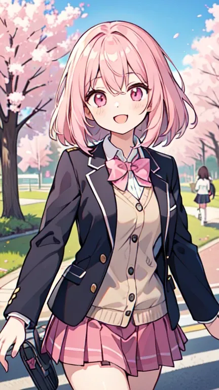 ((A pretty high school girl with light pink hair and pink eyes.)), ((Wearing a blazer uniform and a pleated skirt)), baby face, ((masterpiece, Top quality, Ultra high definition, High resolution)), anime girl, ((Very detailed illustrations:1.2)), Just one ...