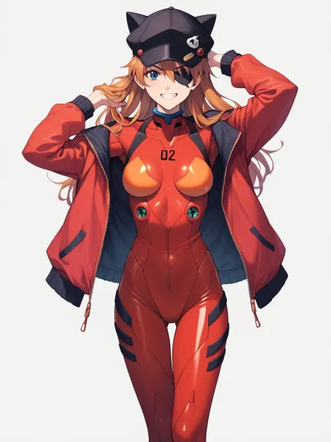 (masterpiece, best quality, detailed), one girl, simple background、cowboy shot,
soryu asuka langley, red jacket, underwear bodys...