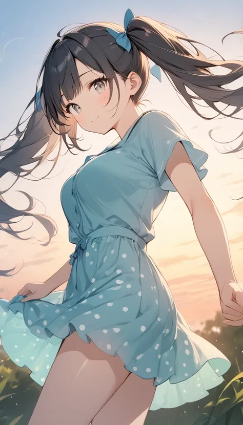 1girl, solo, long hair, bangs, (((grey eyes, black hair))), ((twintails)), large breasts, Pale lines and soft colors create a dreamy, fleeting impression.., blurred background, lens flare, blurred polka dots, park at dusk, girl turning around, ((the outlin...