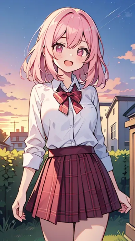 ((A pretty high school girl with light pink hair and pink eyes.)), ((Wearing a white collared shirt and a plaid skirt)),  baby face, ((masterpiece, Top quality, Ultra high definition, High resolution)), anime girl, ((Very detailed illustrations:1.2)), Just...