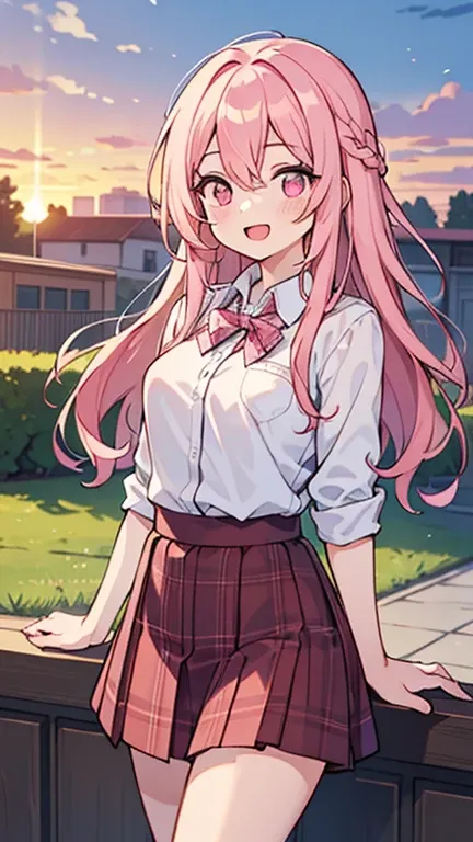 ((A pretty high school girl with light pink hair and pink eyes.)), ((Wearing a white collared shirt and a plaid skirt)),  baby face, ((masterpiece, Top quality, Ultra high definition, High resolution)), anime girl, ((Very detailed illustrations:1.2)), Just...