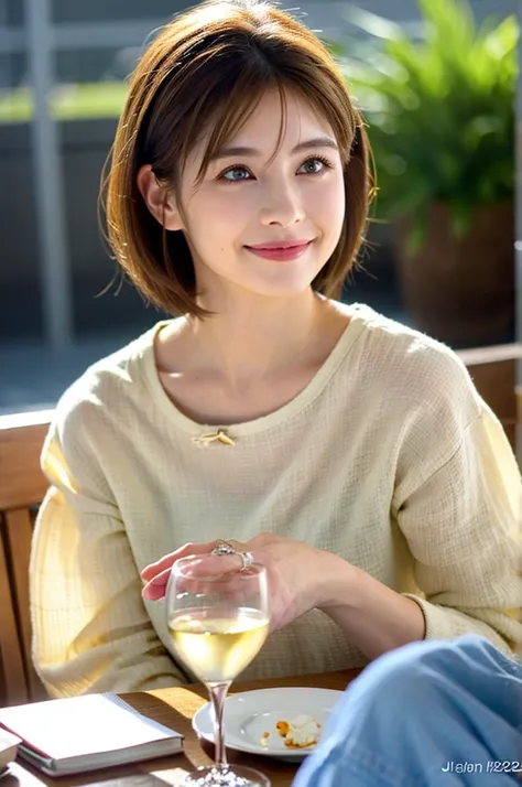 ((White Wine)),((Wine Glasses)),(Realistic, 超Realistic:1.4), 16K HDR, High resolution,((White Wine)),((Wine Glasses)),Happy smile、short hair,The best smile、Japanese actress,so beautiful(It looks like the real thing),dress、Slim couple、Model Couple、(Realisti...