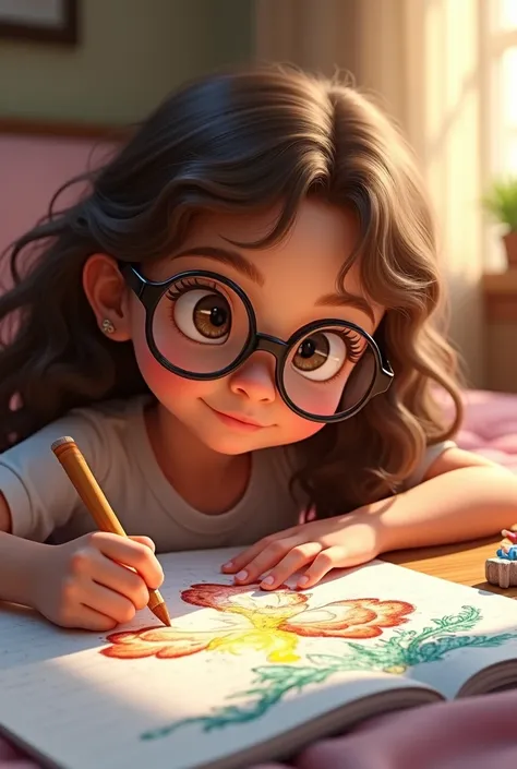 a young girl with long brown curly hair, wearing glasses, coloring in a disney pixar style,