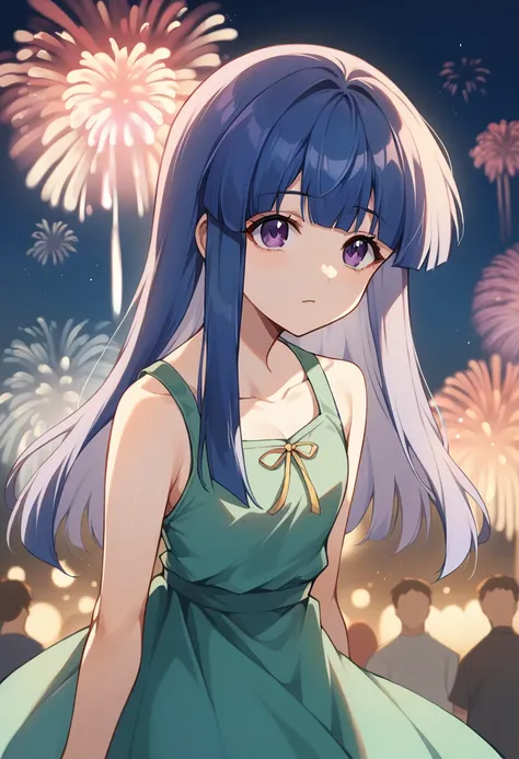 Japanese summer festivals and fireworks, Furude Rika, woman, Alone, Blue Hair, Purple eyes, green dress, Sleeveless dress, Collarless dress, A festival venue lit with lanterns, People wearing yukata々looks up, In the pitch black night sky々Colorful fireworks...