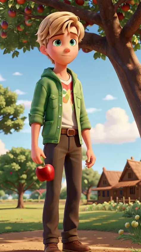 Pedro standing confidently under the massive apple tree, holding a shiny red apple in one hand. He is an  boy with straight blond hair, green eyes, and light freckles, wearing simple adventure clothes. His expression shows a mix of pride and kindness, whil...