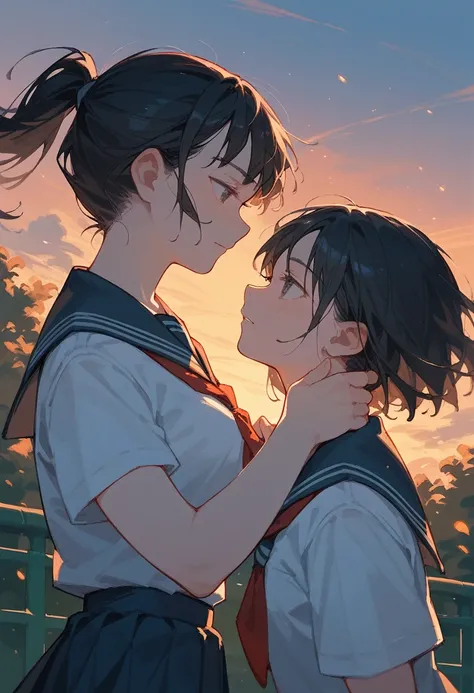 Two Women，Black Hair，One has short hair and the other has a ponytail，High School Uniform，School，evening，Touching each other&#39;s crotches，blush