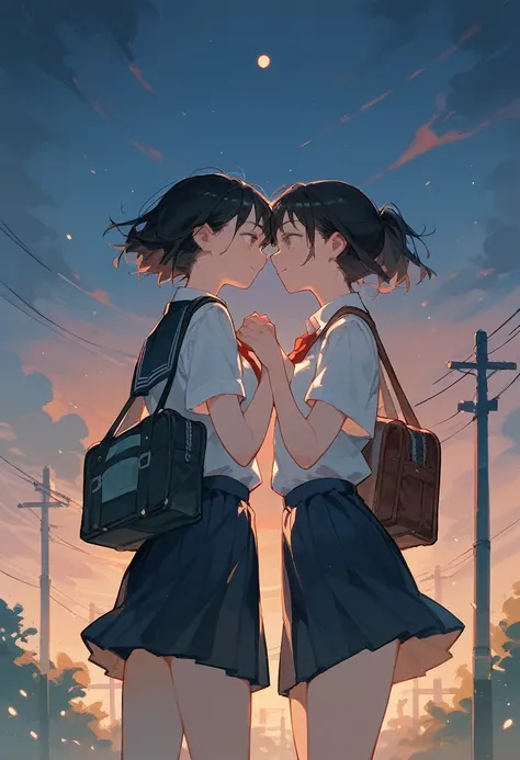 Two Women，Black Hair，One has short hair and the other has a ponytail，High School Uniform，School，evening，Touching each other&#39;s crotches，blush