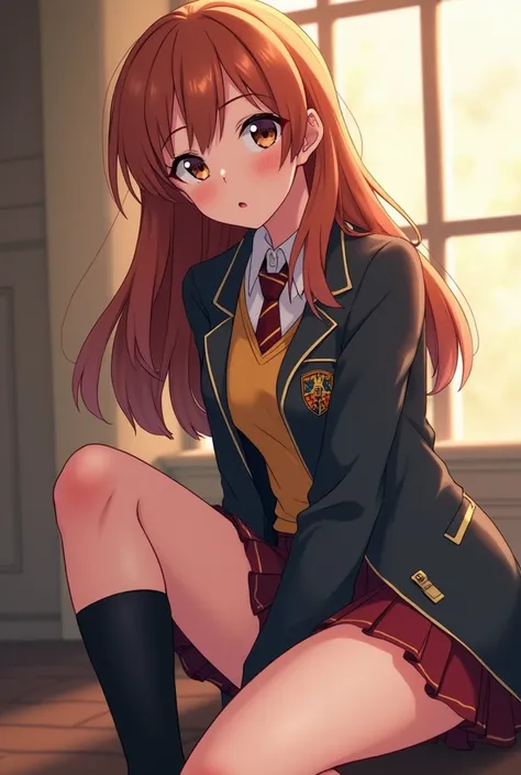 Hermione Granger in anime style in school uniform and short skirt kneeling topless covered in cum 1 girl, solo, 