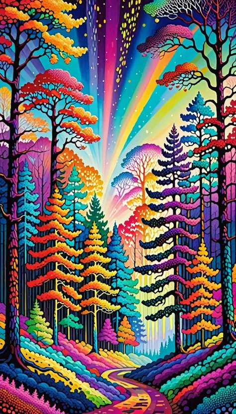 Masterpiece, best composition, highest quality, mobile phone wallpaper, pointillism,a painting of a colorful forest with trees and a sky background, colorful trees, full of colour w 1024, colorful otherworldly trees, full of colour 8-w 1024, full of colour...