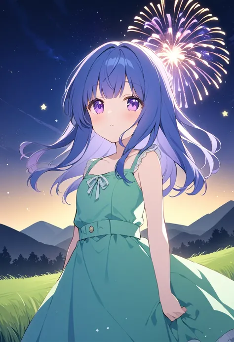 Furude Rika, woman, Alone, Blue Hair, Purple eyes, green dress, Sleeveless dress, Collarless dress, Mountain々Silhouette of, Quiet starry sky, Lush grassland, Huge purple and blue fireworks burst into the night sky, Golden fireworks sparkle in the starry ni...