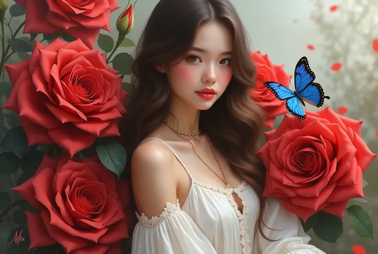 Graphic Arts Prompt: Create a picture of a beautiful girl with soft ruby red lips, long wavy hair, who sat among a large red rose in full bloom. The girl was wearing a white dress with tassels., with a blue butterfly perched on one of the roses near her sh...