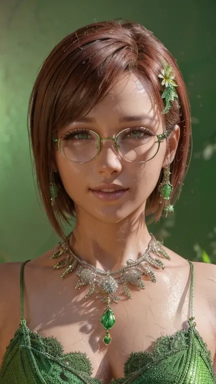 portrait, close-up, upper body. Short, red hair, green eyes, glasses with metal frames, green nightgown, joyful smile, cheerful girl . (masterpiece, top quality, best quality, official art, beautiful and aesthetically pleasing:1.2), extremely detailed,(fra...