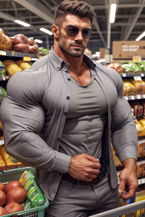 a very handsome muscular man, sunglasses, wearing a gray long-sleeved shirt with a button-down shirt open on top, not tight, gray pants, standing sideways in a supermarket, hands extended forward, close up portrait, close up view, close up view, massively ...