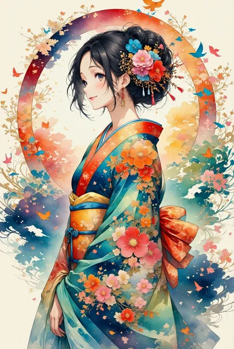 a tranquil scene featuring a girl in a traditional japanese kimono, colorful birds fly around、standing gracefully. birds are dep...