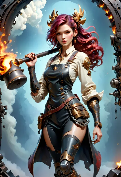 (sfw), (wide angle), 1woman, goddess of the forge, Hephaestus, ((blacksmith woman)), middle-aged woman in her 40s, slim well toned physique, ((medium length wavy with crimson roots fading to black tips)), burn scars on chest and arms, (wearing leather apro...