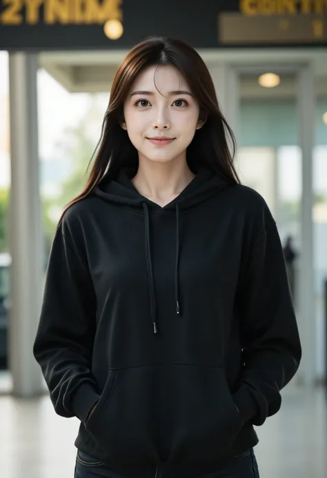 ((UHD)), A portrait photo of a cute East-Asian woman wearing a black hoodie with the hood up, both hands in her pockets, and black jeans. She is standing in front of a train station, smiling warmly. The hood covers her head, giving her a cozy and casual lo...