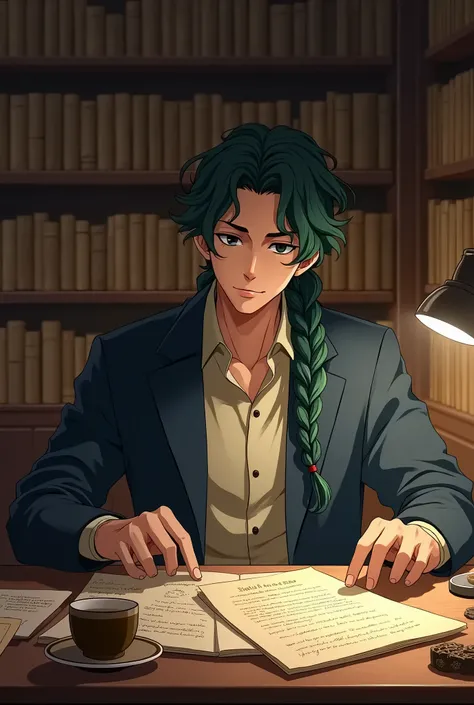 An anime. In the semi-darkness of the historical archive, where the walls are painted in warm brown tones, as if preserving the memory of centuries, an adult man is sitting, immersed in reading an ancient book. His dark green, slightly curly hair is neatly...