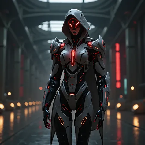 empress of darkness,a woman in a futuristic suit with a glowing head and chest, cyberpunk art inspired by Marek Okon, cgsociety contest winner, digital art, gynoid cyborg body, girl in mecha cyber armor, cyber suit, cybersuit, in white futuristic armor, cy...