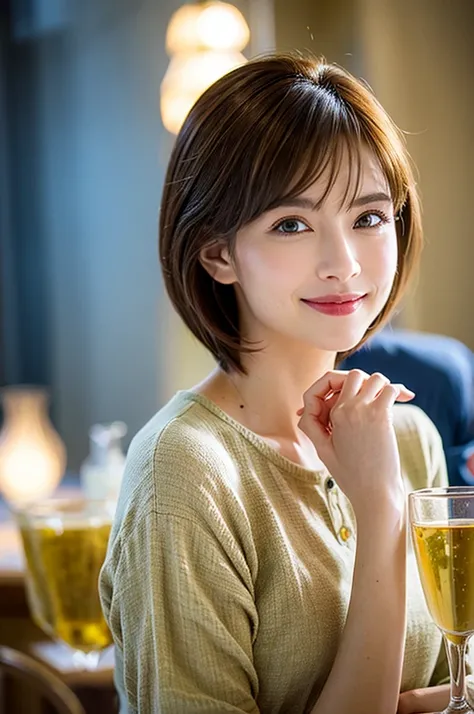 ((White Wine)),((Wine Glasses)),(Realistic, 超Realistic:1.4), 16K HDR, High resolution,((White Wine)),((Wine Glasses)),Happy smile、short hair,The best smile、Japanese actress,so beautiful(It looks like the real thing),dress、Slim couple、Model Couple、(Realisti...