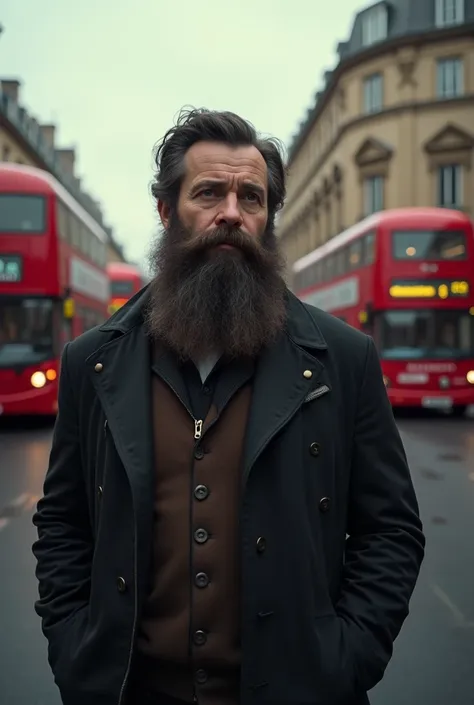 A mand with full beard in the street of London and ciggerate 