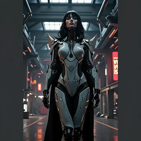 empress of darkness,a woman in a futuristic suit with a glowing head and chest, cyberpunk art inspired by Marek Okon, cgsociety contest winner, digital art, gynoid cyborg body, girl in mecha cyber armor, cyber suit, cybersuit, in white futuristic armor, cy...