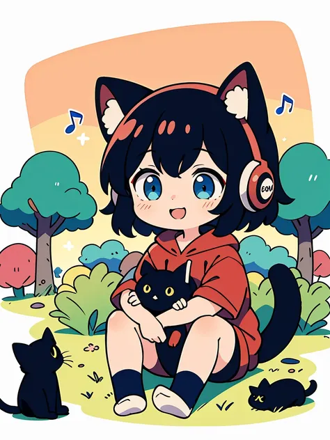 Score_9,Score_8_up,Score_7_up,highest quality,detailed,1 girl,slim, black long , half-tied and straight hair,sweater,loose socks,looking Happy,Happy with me , and a black cat , red hoodie , black headphone , lisening to music , black or pinK eyes,  and one...