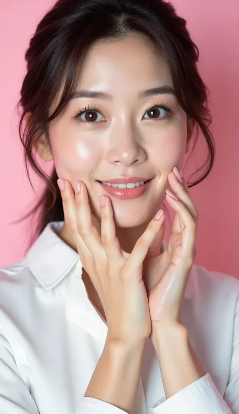 (masterpiece:1.2,Exceptional Quality,Mirror-like,Cinematic Experience,Photorealistic:2.0,RAW Photos:2.0,Super detailed),8k,wallpaper,Cinema Lighting,(Written boundary depth),(Sophisticated lighting:1.2),(White shirt:2.0),Beautiful Japanese Women,(Brown eye...
