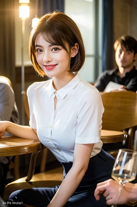 ((White Wine)),((Wine Glasses)),(Realistic, 超Realistic:1.4), 16K HDR, High resolution,((White Wine)),((Wine Glasses)),Happy smile、short hair,The best smile、Japanese actress,so beautiful(It looks like the real thing),dress、Slim couple、Model Couple、(Realisti...