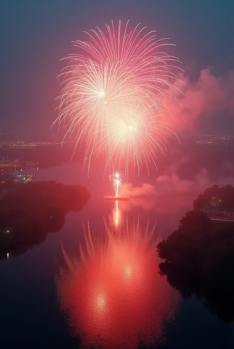 ((masterpiece, highest quality, Highest image quality, High resolution, photorealistic, Raw photo, Extremely detailed CG unified 8k wallpaper)), Fireworks festival filmed by drone, colorful giant fireworks being launched from the middle of a large river, b...