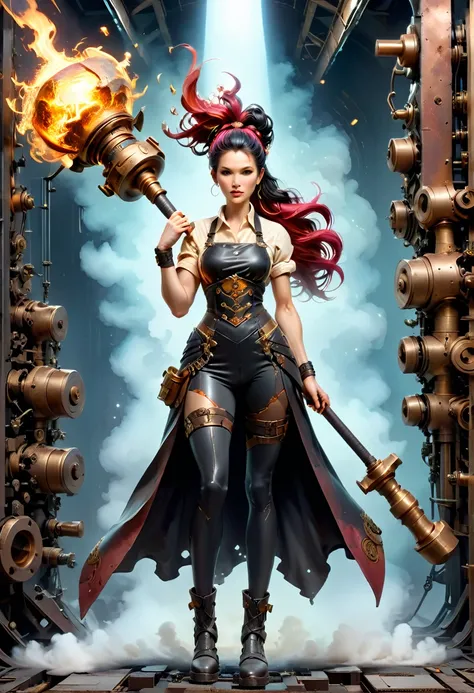 (sfw), (wide angle), 1woman, goddess of the forge, Hephaestus, ((blacksmith woman)), middle-aged woman in her 40s, slim well toned physique, ((medium length wavy with crimson roots fading to black tips)), burn scars on chest and arms, (wearing leather apro...