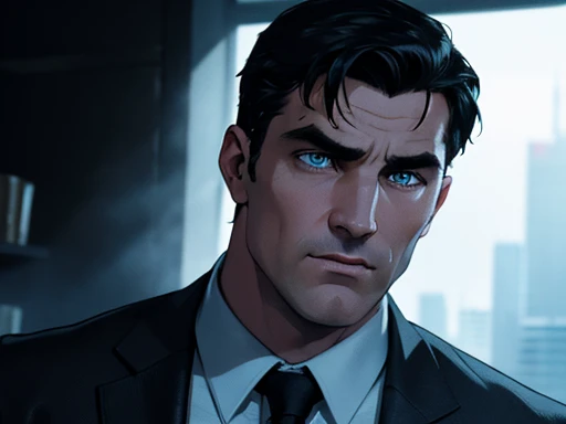 a detailed portrait of bruce wayne, middle-aged handsome man with chiseled jawline, piercing blue eyes, neatly styled dark hair,...