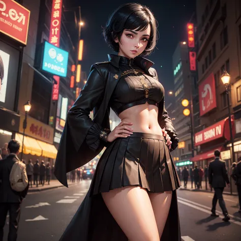 Nice young woman, short black hair, brown eyes, empress,Pleated skirt suit,street lights,neon,busy street background,(navel:1.1,princess eyes), nobility, royalty, high quality, masterpiece, very detailed