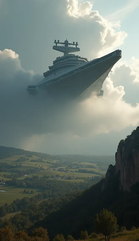 {The best quality},{masterpiece},{8K},{realistic:1.2} An Imperial destroyer emerges from the clouds to attack Spain