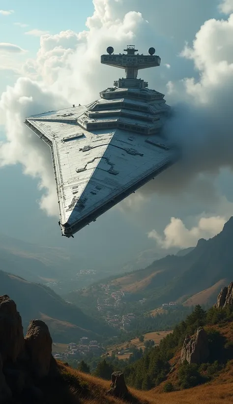 {The best quality},{masterpiece},{8K},{realistic:1.2} An Imperial destroyer emerges from the clouds to attack Spain