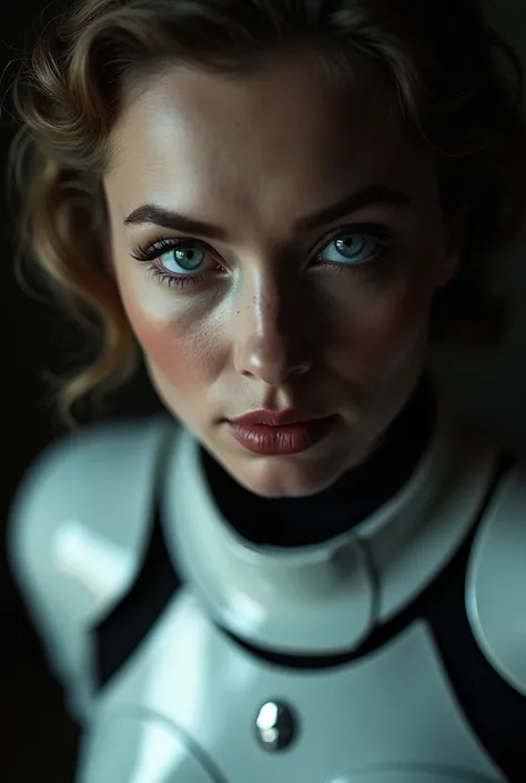 a perfect hollywood actress of the 1940s dressed as a stormtrooper, intricate detailed face, beautiful detailed blue eyes, long eyelashes, beautiful defined lips, highly detailed, photorealistic, 8k, hyper realistic, cinematic lighting, dramatic high contr...