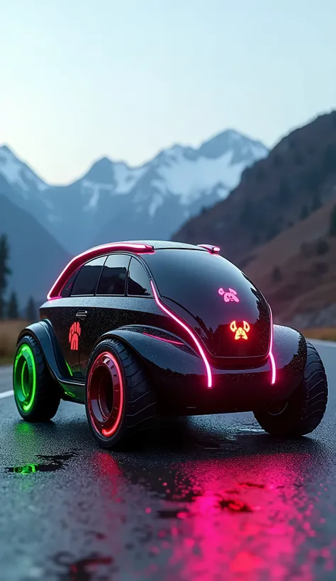 A futuristic hybrid dog shaped mini  truck  in a mix of black, pink, red, green, and blue colors and with big octagonal shape wheel. The dogs body is streamlined with dog head symbols, glowing  bright LED lights, and intricate details, set against a vibran...