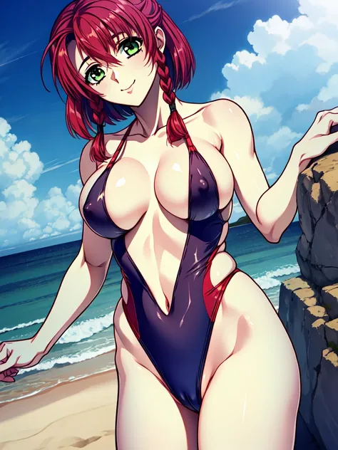 Sasamoto Riyo (Lamentation and) / Sasamoto Riyo (Lament and),  masterpiece, best quality, a sexy woman in sexy slingshot swimsuit posing seductive and standing on sand beach near ocean, 1girl, breasts, Alone, high leg swimsuit, one-piece swimsuit, navel, f...