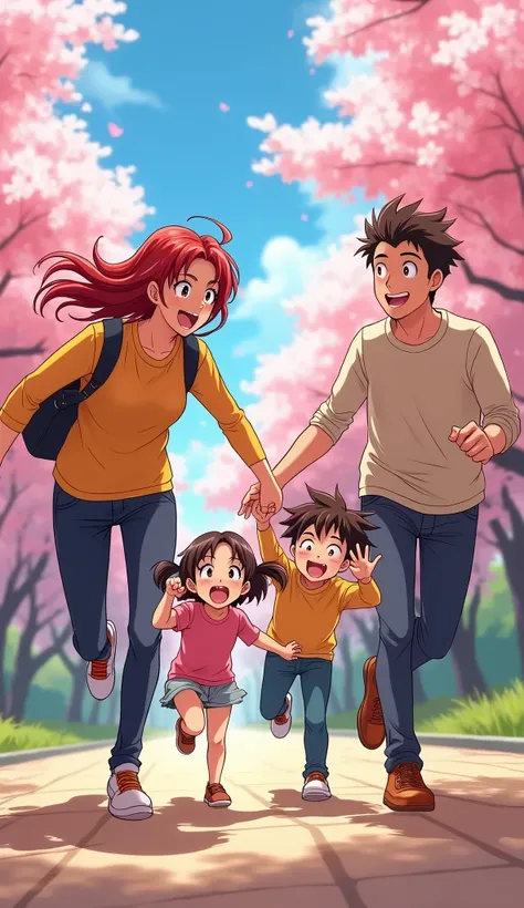 Heres an anime-style prompt featuring parents and children playing together:

Anime Style Prompt: "In a colorful, anime-inspired park, a joyful family is engaged in playful activities. The parents, with vibrant hair and expressive faces, are playing tag wi...