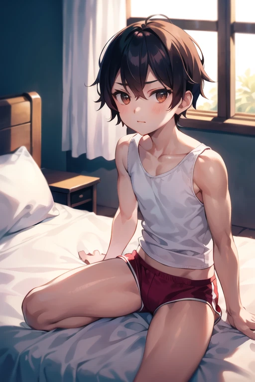 a young boy wearing a white long tank top and red underwear, sitting on a bed, beautiful+soft