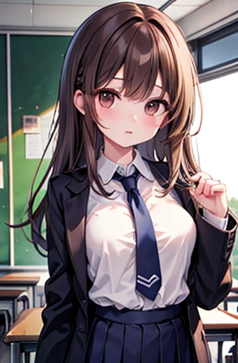 Best Quality, High resolution,slender、Small Face、Brown eyes、Tall、Brown Hair、Shortcuts,School、classroom、Uniform、22 years old、Mature、Very large breasts、