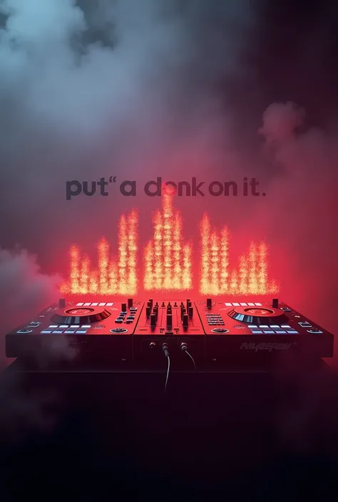 (photorealism:1.2), set of dj decks, fire graphic equalizer, high energy, smoke, text saying put a donk on it