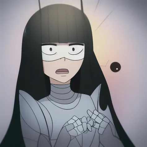 cartoon, upper body, robot, metallic grey-skin tone, robot girl, robotization, robot solo, non-human, 1girl, sawako, black hair,...