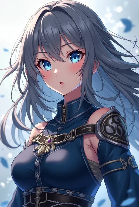 An anime female character age about 17 years.greyish black hairs blue eyes very beautiful and charmy.a good warrior outfit