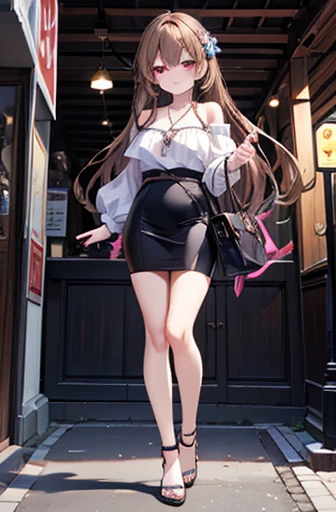 Game , Nike, Goddess of Victory, Neat , Light Brown Hair,  alluring eyes ,beautiful face , Crystal Red Eye ,  Long Hair , Korean ruffle blouse with off-shoulder top , blue , Clevis, side, necklace,White plain ribbed knit pencil skirt ,Selfie style, Only 1 ...